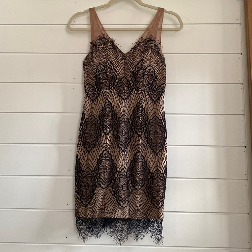 Nude with black lace overlay dress